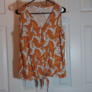 Nine West Gold and White Leaf Print Tie Tank - L
